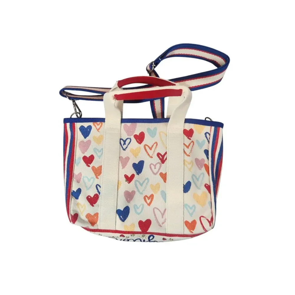 Brighton Love Heart Print Canvas Crossbody mini tote Red White Blue Strap